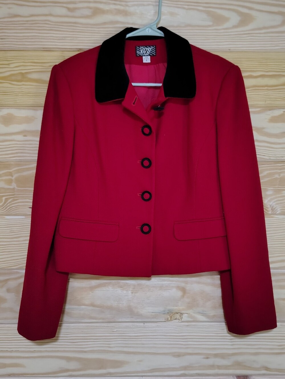 Vintage LGR Red Wool Blazer Cropped Jacket 6 Made in USA Black Velvet Collar